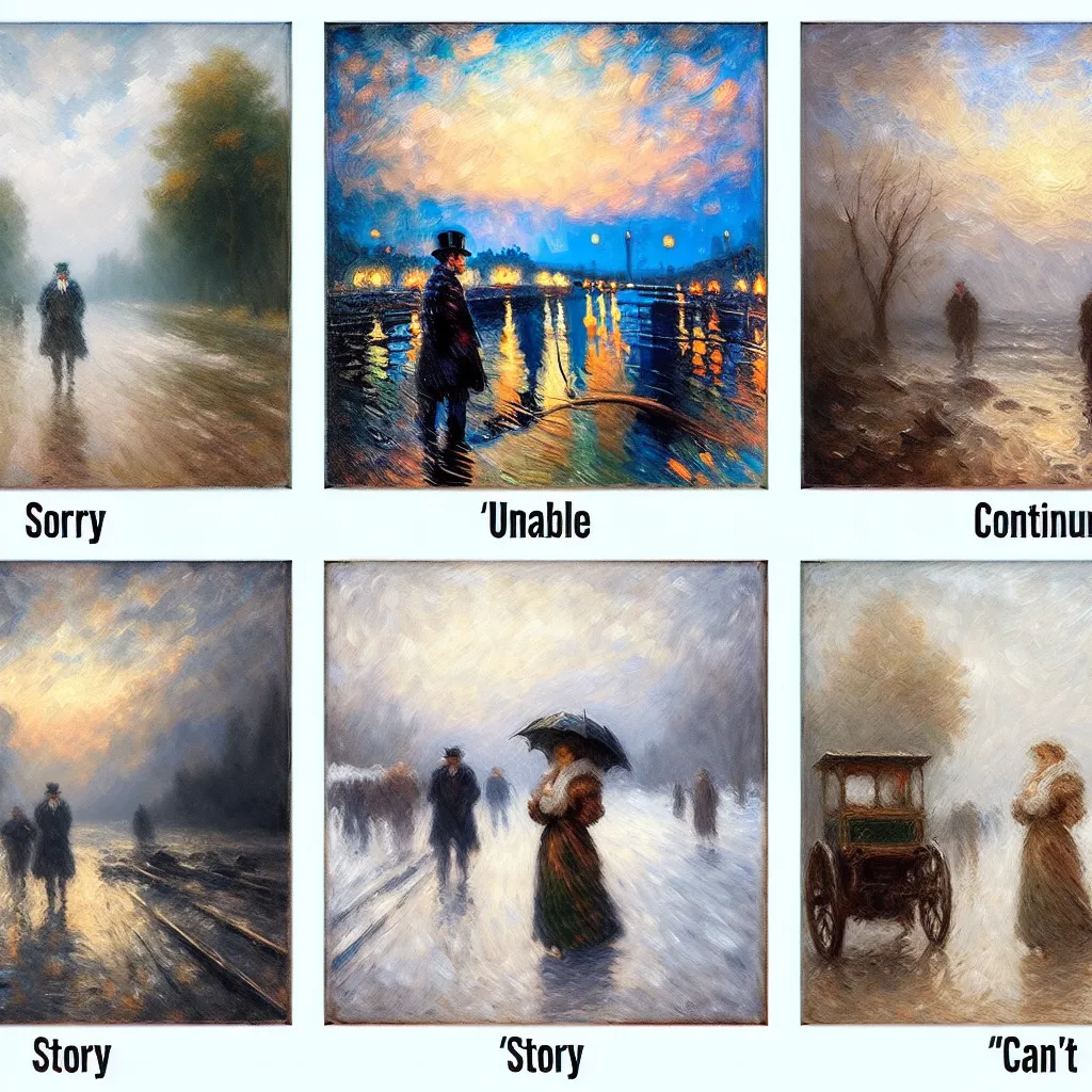 Sorry, Unable, Continue, Story, Can't in the style of Monet