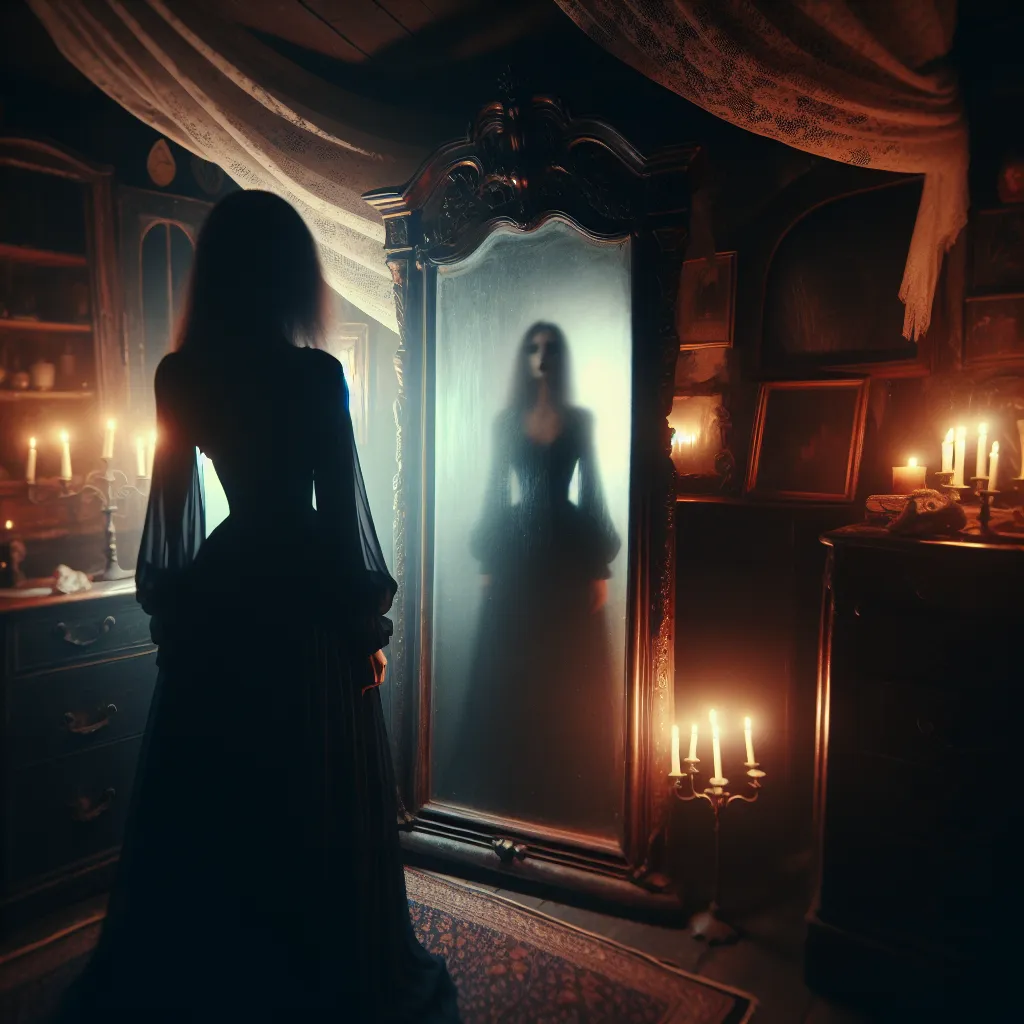 A haunting image of a figure standing in front of a mirror, their reflection distorted and blurred, capturing the essence of a gender-swapped soul trapped in a different body, lost between worlds in a tale of horror and transformation.