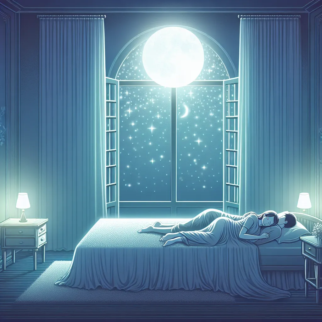 The image accompanying this story is a serene scene of a dimly lit room with a large open window. The moonlight streams in, casting a soft glow on a couple lying on a bed together. They are entwined, with the girl resting her head on the boy's chest as they sleep peacefully. The room is decorated with twinkling stars hanging from the ceiling, adding a touch of magic and romance to the atmosphere.