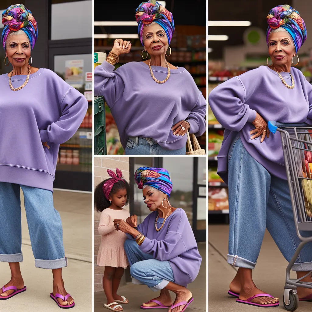 A confident and empowered Vanessa Brown, a 62-year-old African American woman, is dressed in a large purple sweatshirt, flip flops, and a colorful headwrap. She is shown shopping at a store, caring for her daughter Tasha, and engaging in self-care routines. Vanessa exudes strength and sass as she navigates through life with a powerful presence.