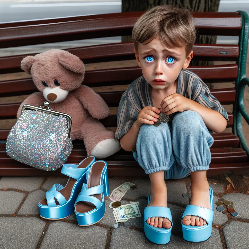 A young boy with a concerned expression sits on a park bench, clutching a pair of sky blue platform sandals and a bedazzled purse. One shoe lies on the ground, revealing his delicate, feminine feet with wrinkled skin and painted toenails. Nearby, his stuffed animal and forgotten money lie on the pavement. The boy's blue eyes show fear and confusion as he begins his unexpected transformation into an elderly woman.