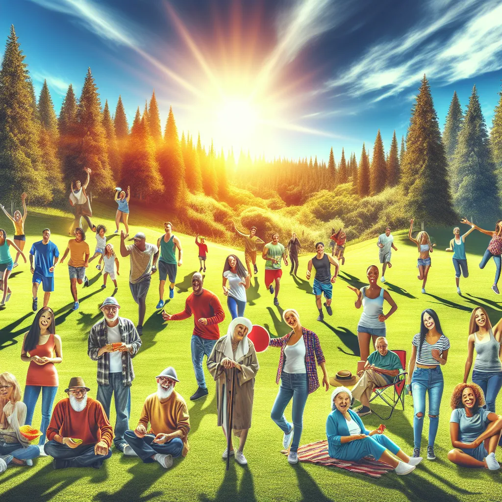 A colorful image featuring diverse individuals engaging in outdoor activities in a scenic setting.