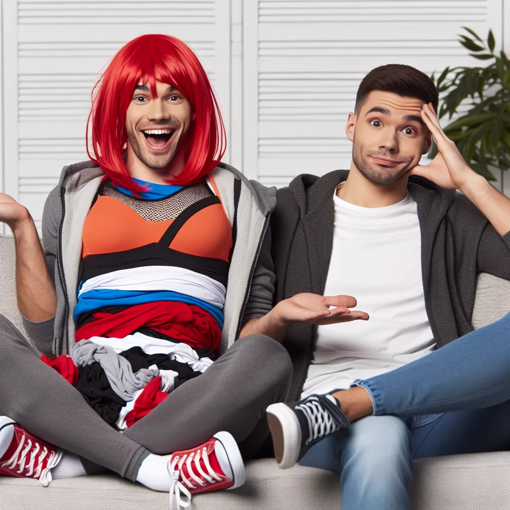 The image will be of two friends sitting on a couch, one of them, Chad, who has temporarily transformed into his female friend, Lilly. Chad, with a joyful expression, is seen wearing Lilly's football jersey, with a large pair of breasts, long red hair tied up, and a wide smile on his face. The other friend, David, is looking at Chad with a mix of confusion and amusement.