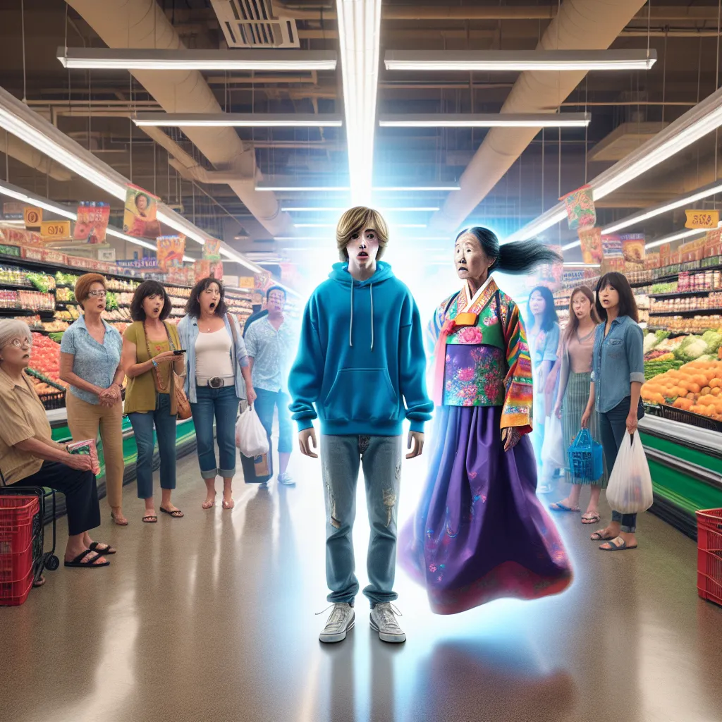 A detailed, sequential story set in a grocery store where a young boy named Lucas Carter mysteriously transforms into an elderly Korean woman named Min-jung. As he navigates this bewildering change, Lucas struggles with unfamiliarity, loss of identity, and acceptance, all while maintaining a lingering hope of reuniting with his former self. The story poignantly depicts the challenges and emotions of a profound life alteration, where memories of a past life intertwine with the reality of a new ex
