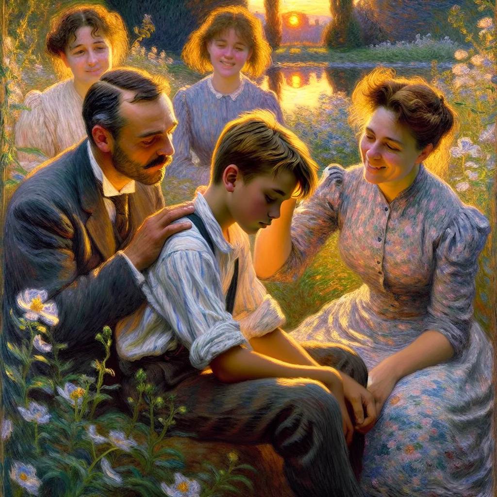 Boy, Family, Transformation, Identity, Acceptance in the style of Monet
