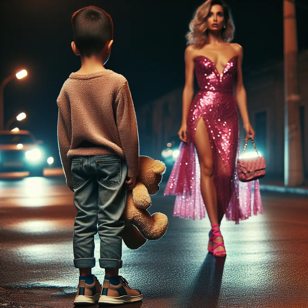 In the image, a young boy named Jacob stands alone on a dimly lit street. He clutches a stuffed teddy bear close to him, wearing a cozy shirt, jeans, and sneakers. In the distance, a vibrant woman catches his attention. She wears a skimpy, glittery pink dress that flaunts her curves, with matching strappy sandals and an intricately designed pink purse. Boldly embracing her femininity, she confidently struts down the road, leaving Jacob feeling both nervous and intrigued.