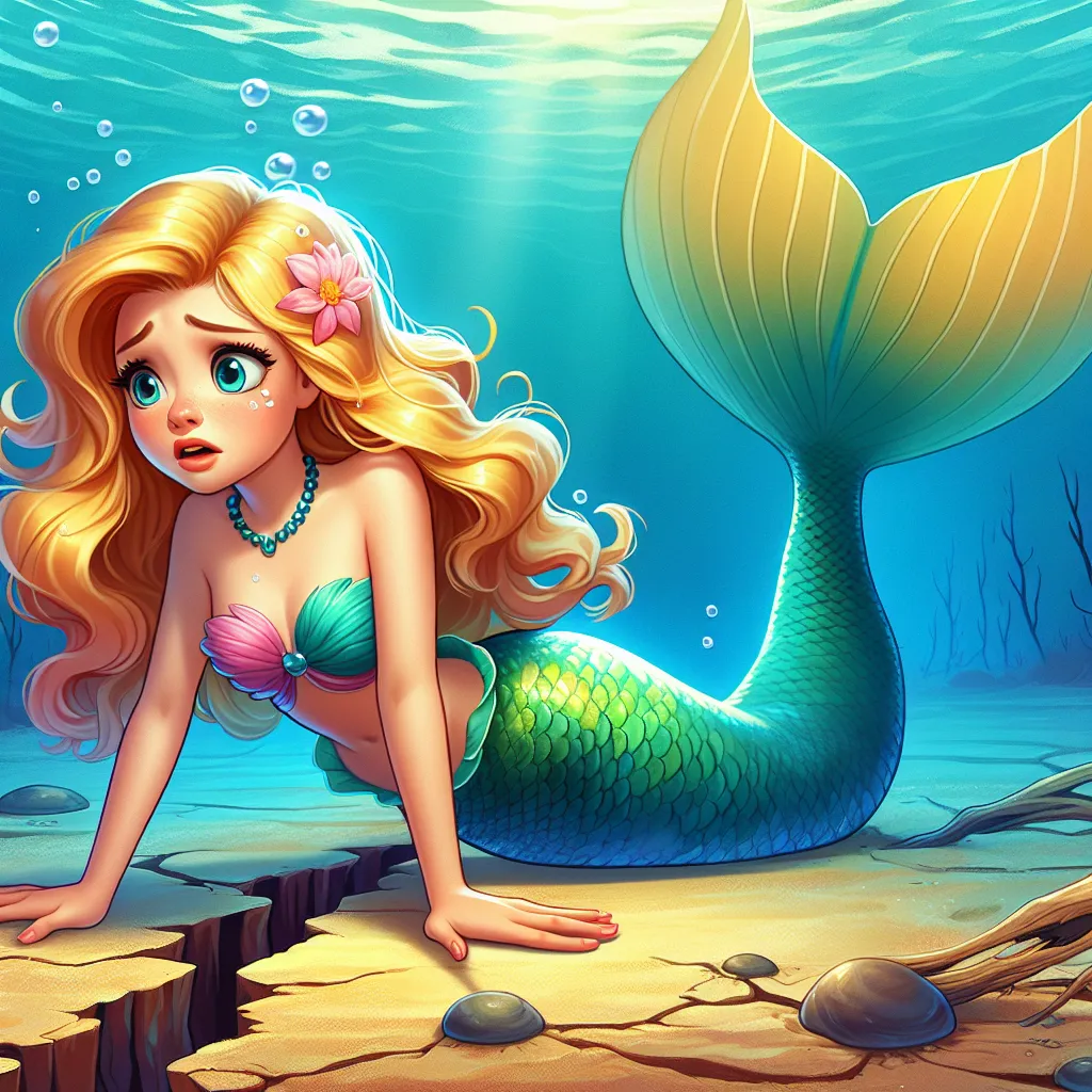 A young mermaid with blonde hair and a vibrant azure and emerald tail, struggles to free herself after getting wedged in a narrow crevasse on the ocean floor.