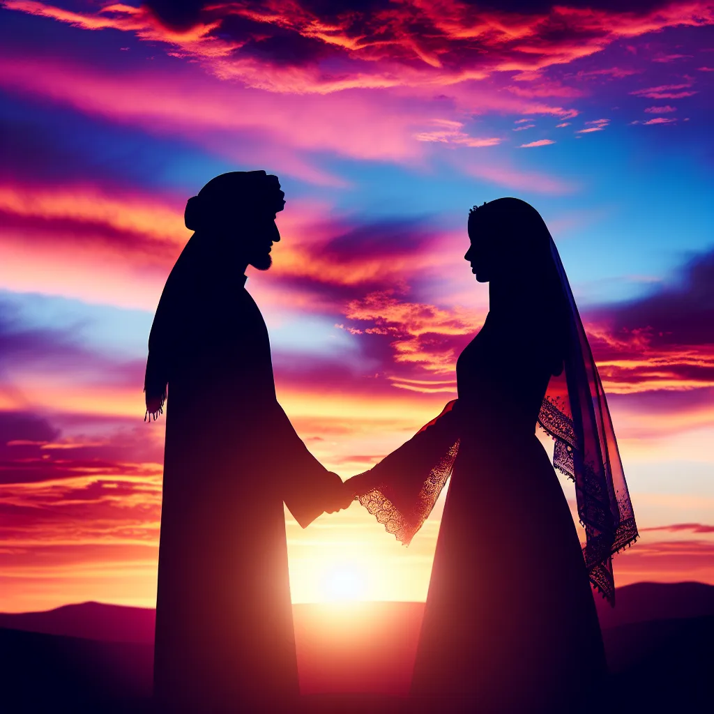 Title: "Loving You Against All Odds"

Description: An enchanting silhouette of a couple holding hands with a vibrant sunset backdrop, symbolizing their unwavering love in the face of adversity.
