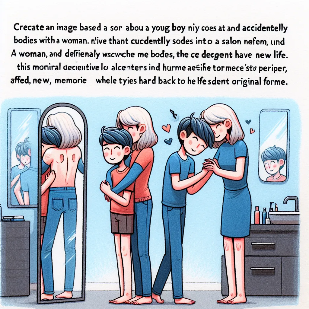 A detailed story about a young boy named Tommy going to a salon and unintentionally swapping bodies with a Korean woman named Minji. The story follows their experiences and interactions as they adjust to their new identities, with Minji ultimately embracing her new life while Tommy struggles to return to his original form. The narrative delves into themes of identity, memory, and acceptance, highlighting the complexities of human relationships and the impact of life-changing events.