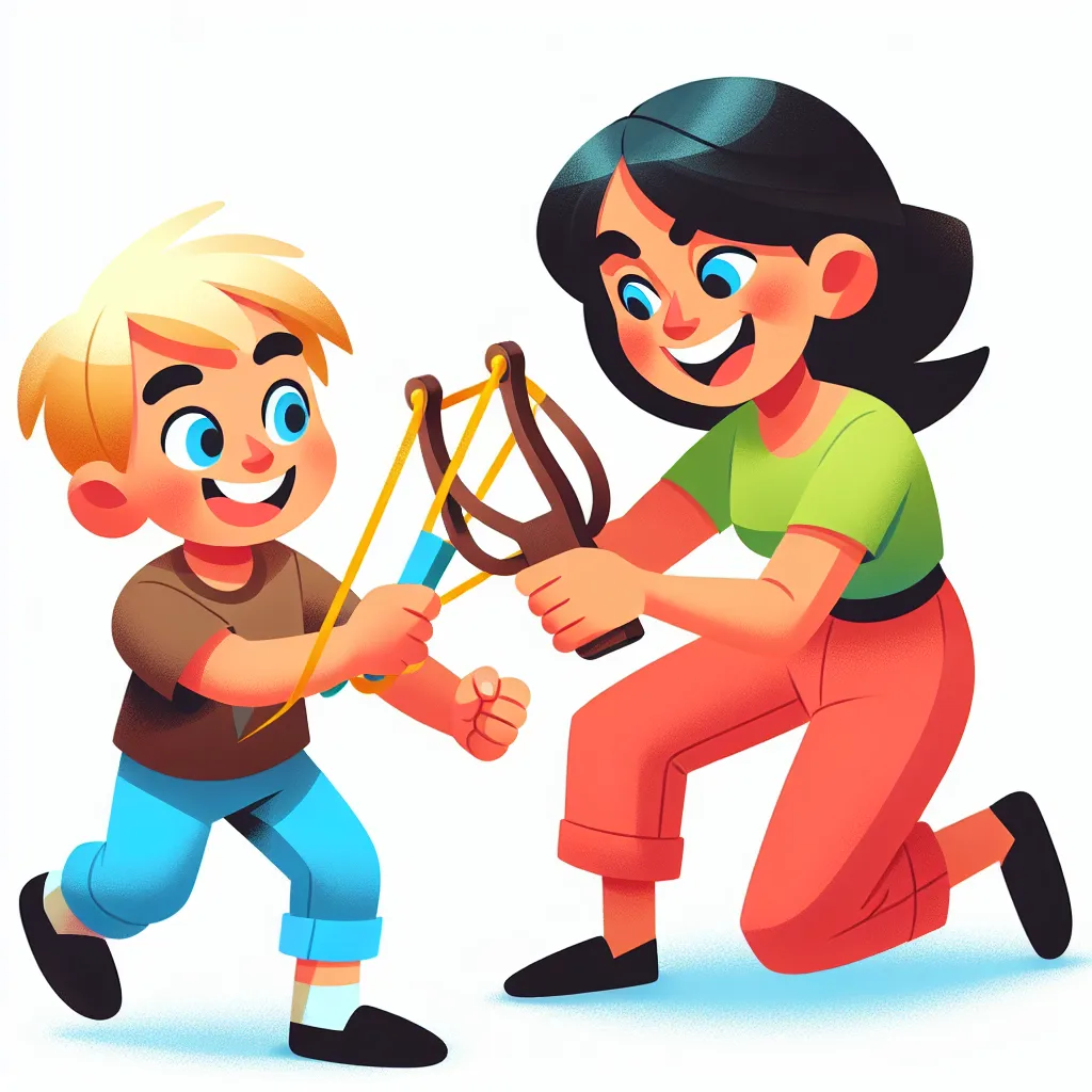 Description: The image shows a young boy named Eli and a woman named Rosa. Eli, a five-year-old boy with blonde hair and blue eyes, is holding a slingshot while Rosa, an older woman with black hair, is attempting to take it away from him. They are both wearing colorful clothing and the scene depicts their interaction in a playful and energetic manner.