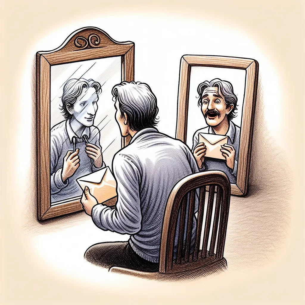 An image that could accompany this story is of a person with the letter in their hand, looking at their reflection in a mirror. The mirror shows them in the body of someone else, capturing the surprise and curiosity of the situation.