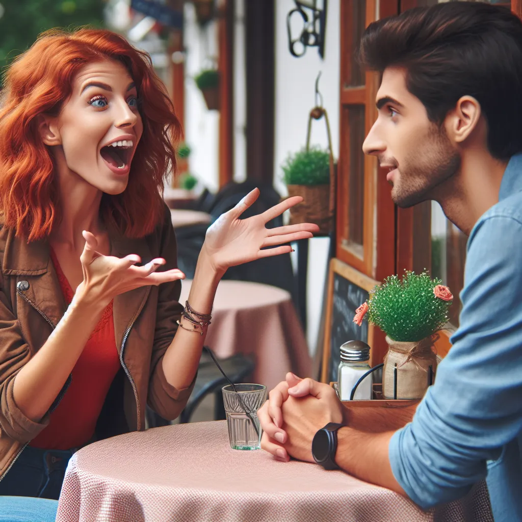 The image accompanying this story could be a young couple sitting at a small outdoor café. The woman in red hair is portraying one of her alter personalities, Chad, who is excitedly cupping her own ample chest while the man next to her looks on with a forced smile.