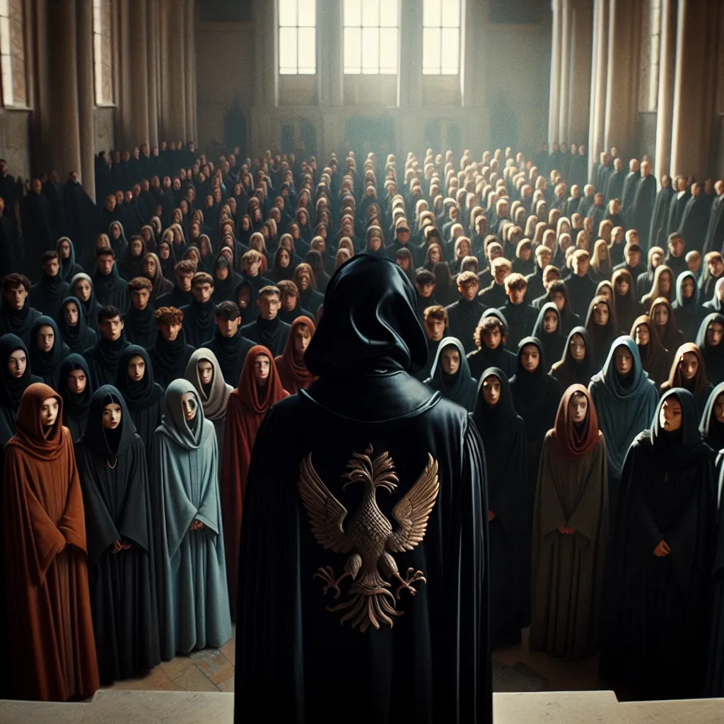 A solemn figure dressed in black silk robes with a bird insignia stands before a gathering of students in a grand hall. The students, cloaked in various colors, eagerly listen to their headmaster, who carries the weight of a hidden past and a deep sense of purpose.