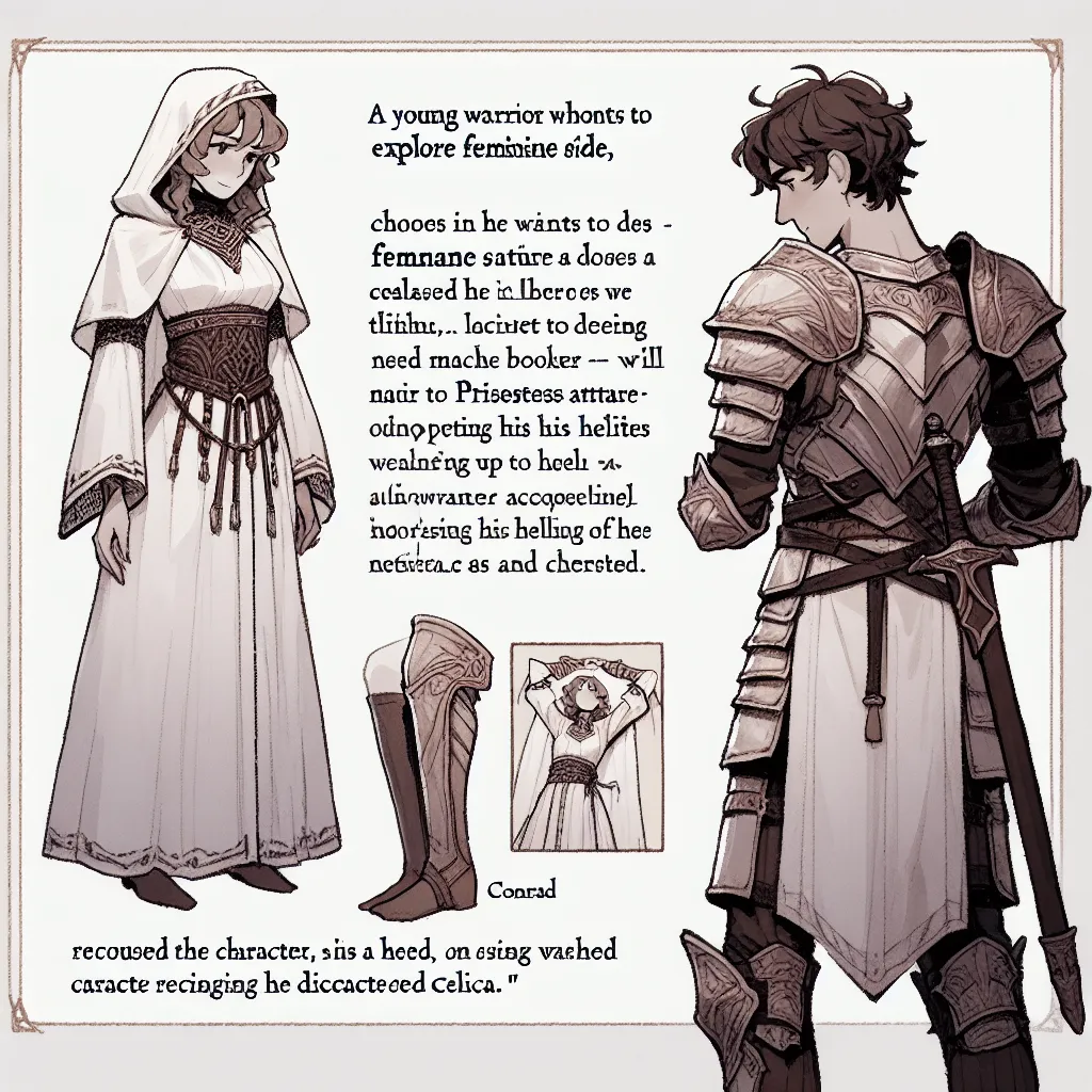 A young warrior named Alm secretly embraces his feminine identity as a sacred priestess, dressing in delicate white lace panties, a short skirt, a cropped top, thigh-high boots, and the armor of Celica. Lost in daydreams, Alm is caught by Celica's brother Conrad, who recognizes and desires the delicate girl within. Conrad commands Alm to remain dressed as a priestess and tend to the wounded, while Alm revels in the feeling of being understood and cherished.