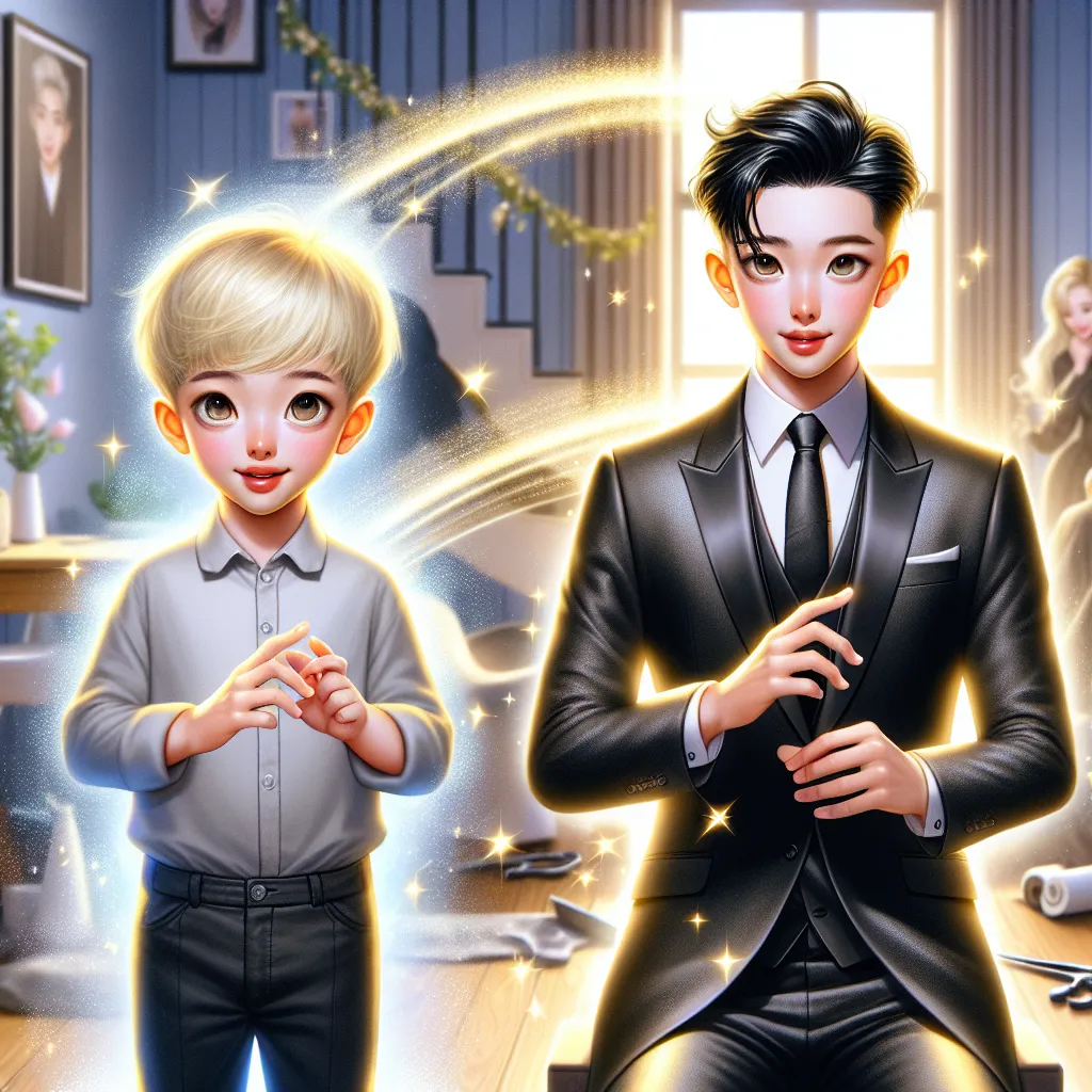 A transformation: Benjamin, a four-year-old boy, becomes a Korean salon owner in a detailed, magical metamorphosis, embodying the new identity with confidence and poise.