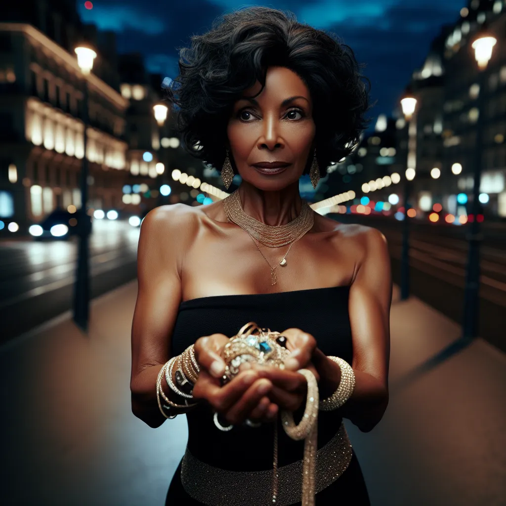 A confident and resilient Tamara, a 55-year-old black woman, wearing a black dress and glittery sandals, finds herself lost in an unfamiliar city at night. Clinging to her accessories, she holds onto her identity and memories as she faces the challenges of the night, determined to find her way back home.