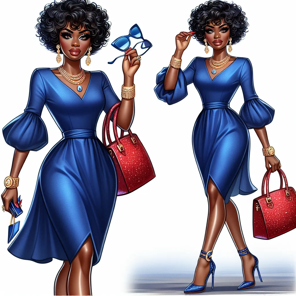 The image accompanying this story is a digital illustration of Tamika, a confident and stylish African American woman in her fifties. She is shown strutting down a road, wearing a strapless royal blue dress, high-heeled sandals, and accessorized with glamorous jewelry. She holds a red glittery purse on her shoulder and has a chic pair of oversized blue sunglasses perched on her forehead. Tamika exudes self-assurance and sass as she flaunts her flawless makeup and perfectly styled short curly hai