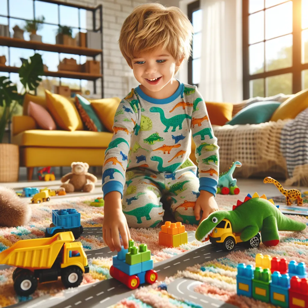 The image will show a young boy named Timothy Aaron Green, around 5 years old, playing in a colorful living room filled with toys like building blocks, plush animals, and a yellow toy dump truck. Timothy has sandy blond hair and crystal blue eyes, and he is wearing dinosaur-print pajamas. Sunshine streams through the windows as he constructs roads on the soft carpet, exuding a sense of innocence and wonder.