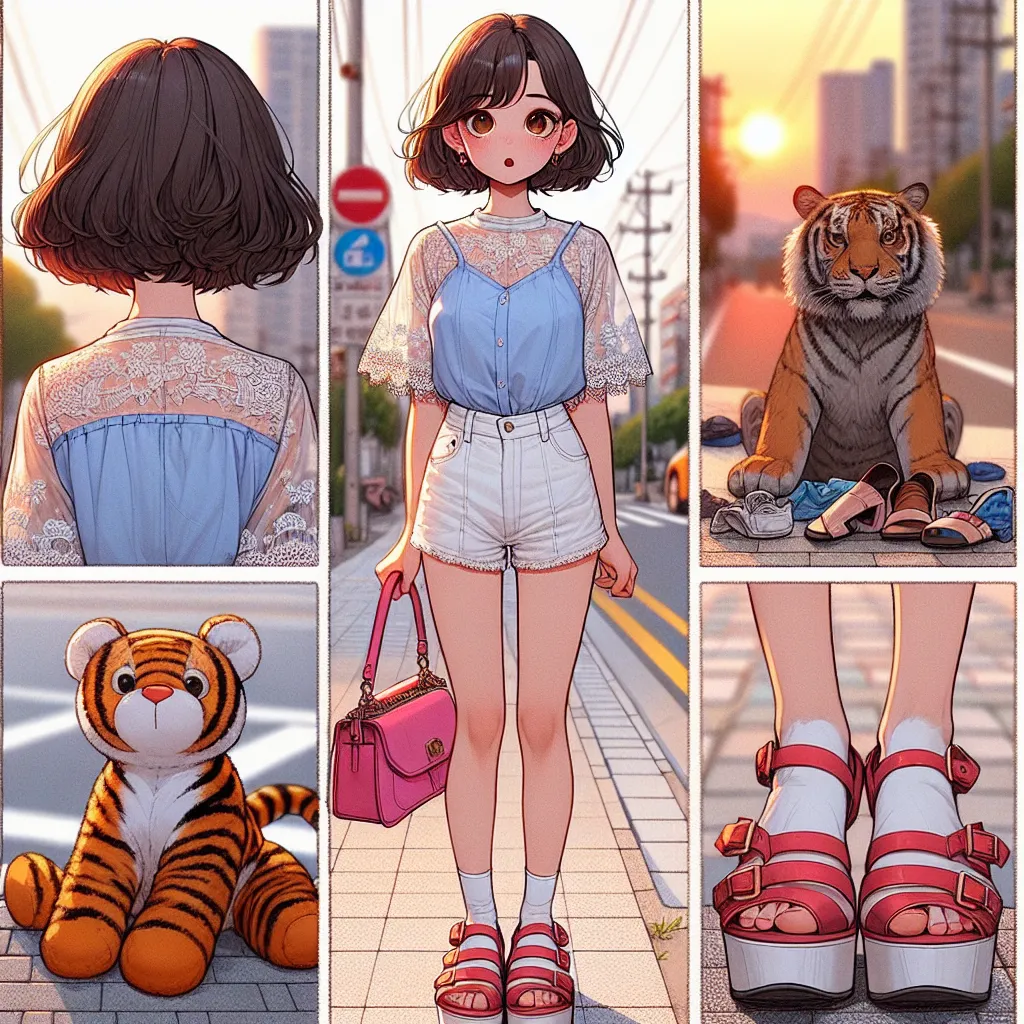 An image depicting a young girl named Minji, with short black hair and brown eyes, standing on a sidewalk. She wears a light blue blouse with lace embroidery on the sleeves, and white shorts. She is holding a bright pink purse and wearing red platform sandals with chunky heels. A plush tiger named Stripes sits on the ground near her, along with a pair of abandoned shoes. In the background, the sun is setting, casting a warm glow on the street. Minji appears both confused and determined as she em