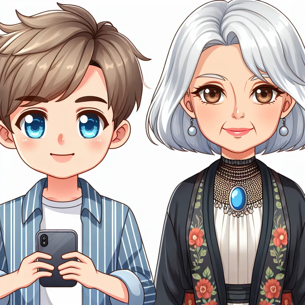 The image accompanying this story could be a depiction of a young boy and his great aunt standing together, capturing the moment before the boy's transformation into his great aunt's likeness. They could be portrayed with distinguishing features such as the boy's light brown hair and blue eyes, contrasted with the great aunt's silver hair and hazel eyes. The boy could be holding a phone, while the great aunt wears her memorable outfit, featuring the described clothing and jewelry pieces.