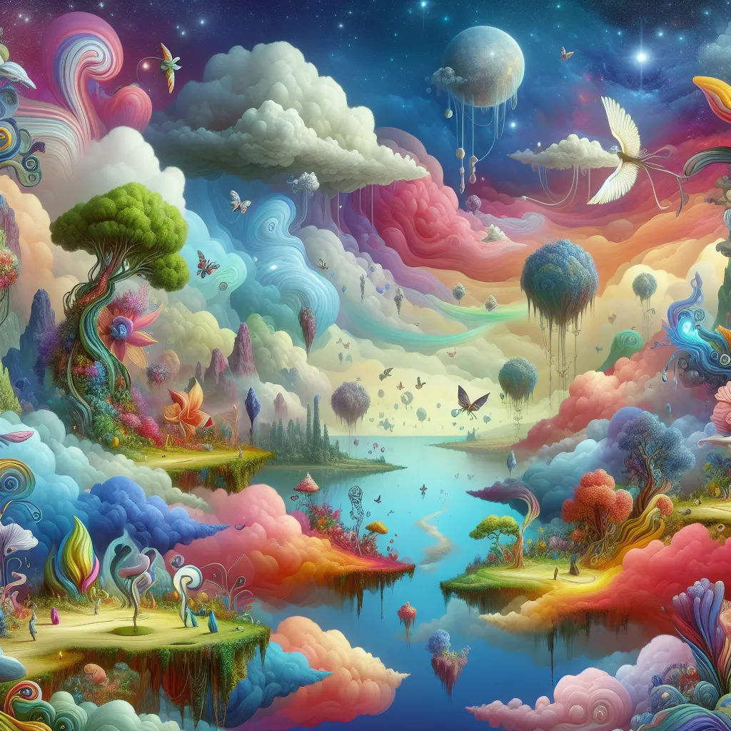 A surreal illustration showing a dreamy landscape with vivid colors and fantastical elements like floating islands, talking animals, and whimsical plants.