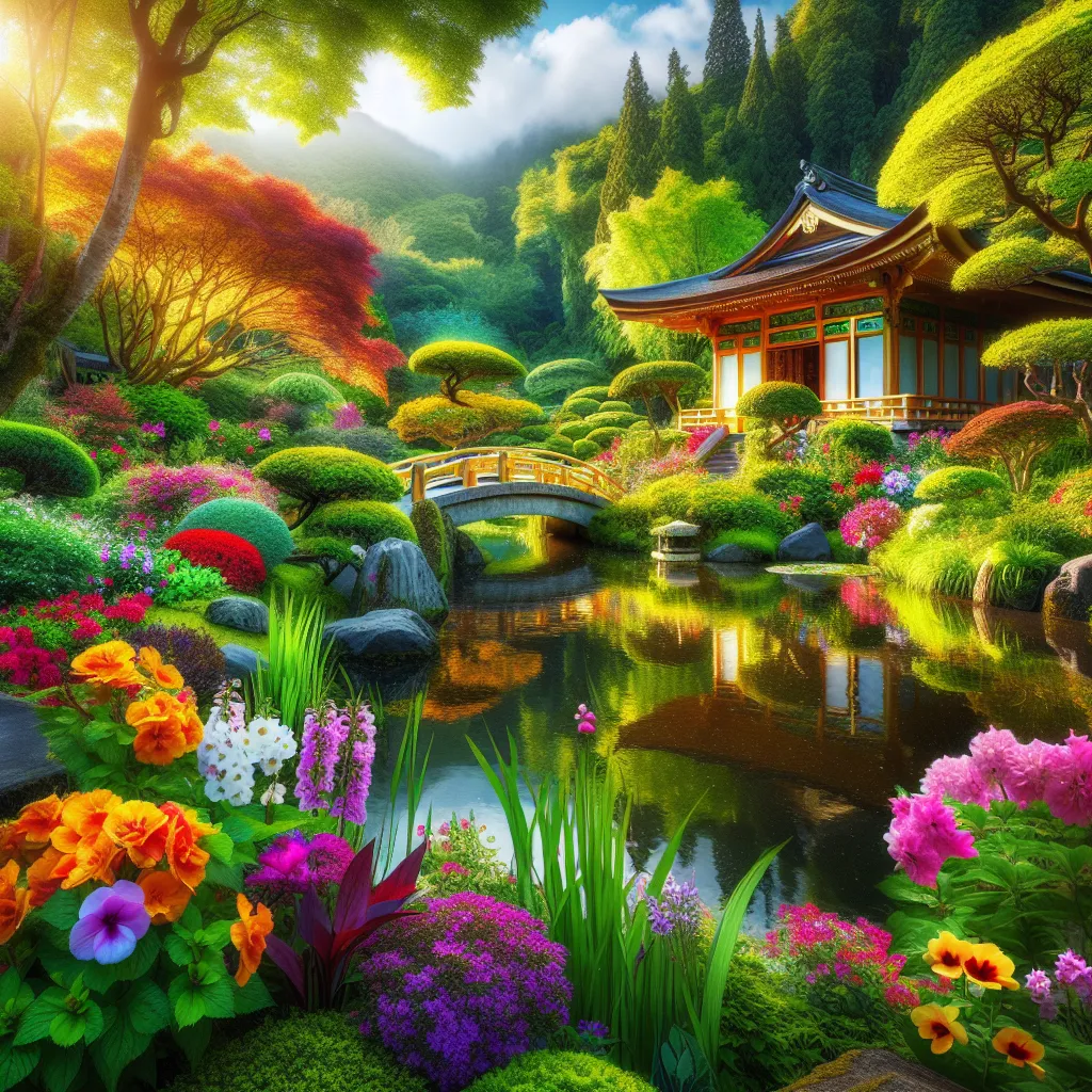 A peaceful garden scene featuring colorful flowers, lush green foliage, and a serene pond reflecting the beauty of the surroundings.