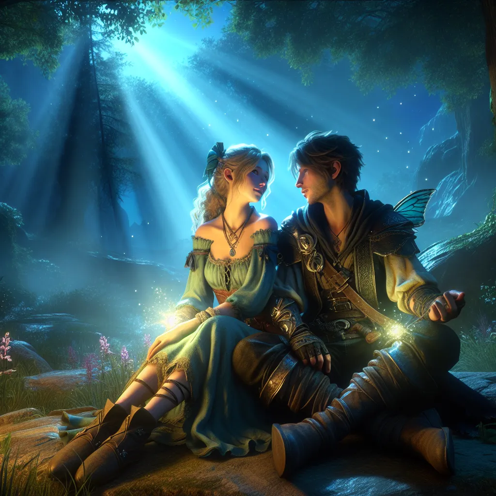 An enchanting moment in the Kingdom of Arcania. Dylan and Emma sit together in a serene glade, surrounded by magic. The moonlight shimmers above as Emma softly sings, their love and connection evident in their gazes. Their destinies intertwined, they prepare to face the challenges that lie ahead in their journey through the mystical lands of Arcania.