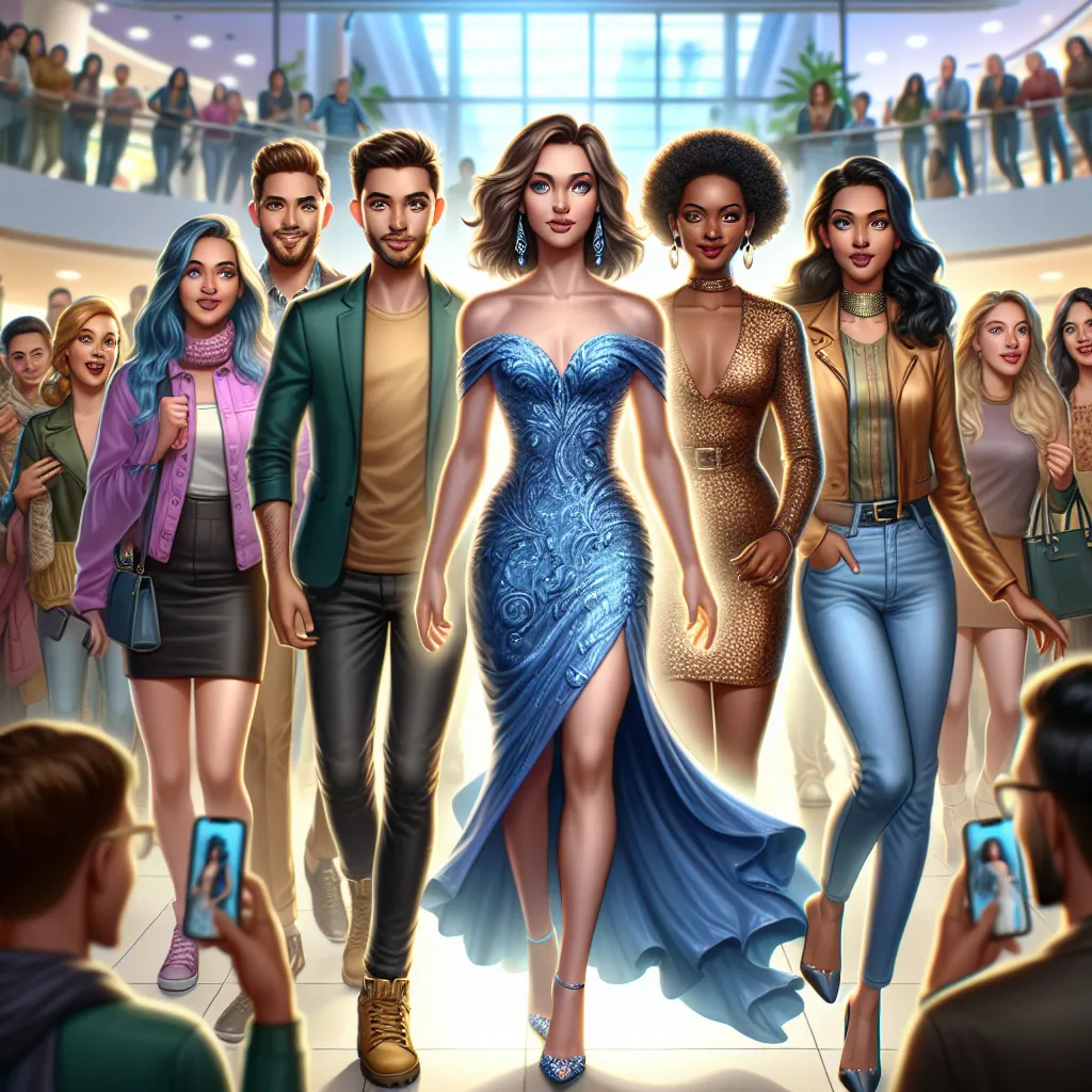 The image accompanying this story depicts a young boy named Lucas experiencing a mysterious transformation at a crowded mall, where he becomes a confident and stylish woman named Jayla in a blue dress, alongside her diverse group of fashionable friends.
