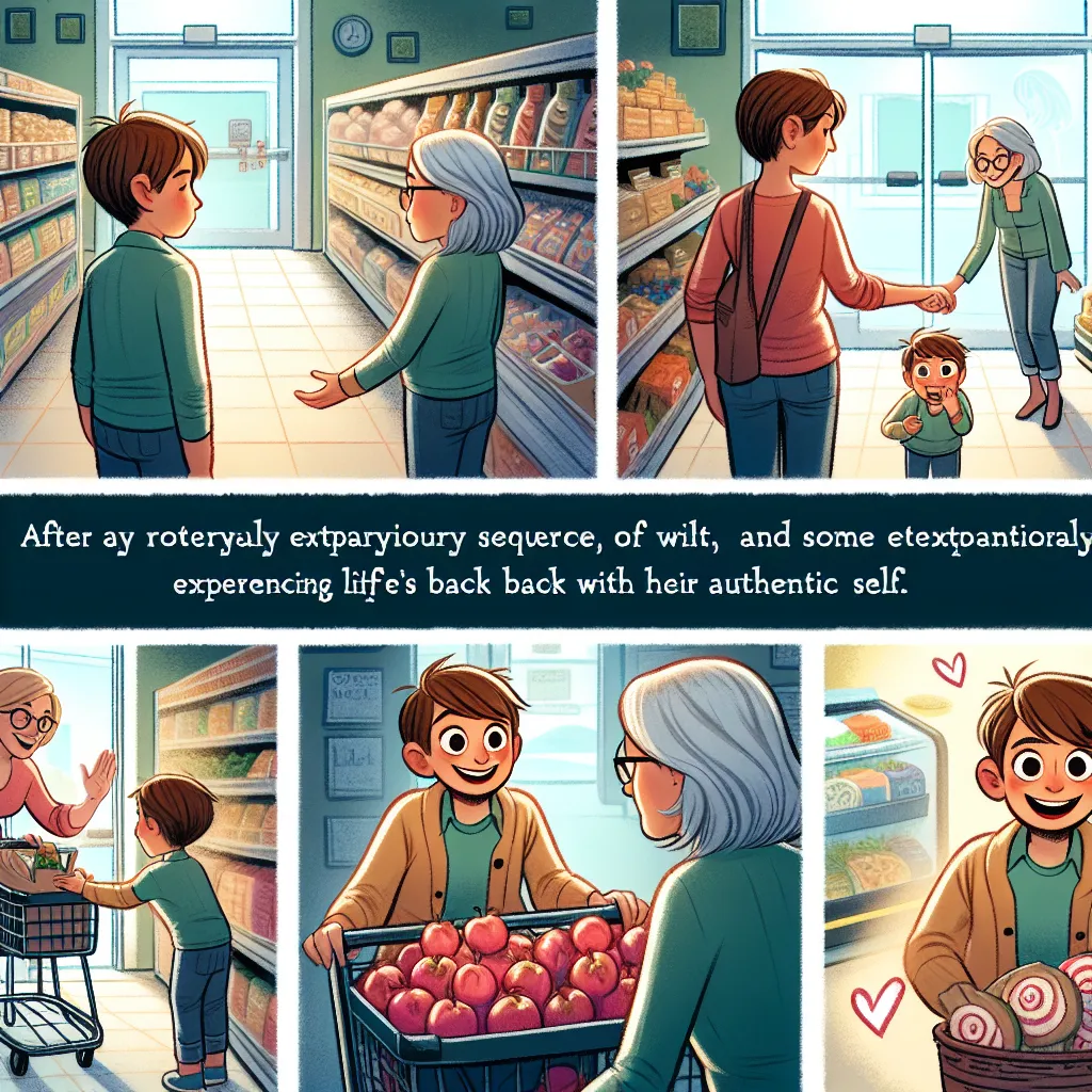 A young boy named Jake, aged seven, embarks on a mysterious adventure at the grocery store, encountering a helpful woman named Carol. After a strange turn of events, Jake finds himself in Carol's body, but with some sweet treats and Carol's guidance, he eventually reunites with his true self.Filled with hope and gratitude, Jake embraces new beginnings and exciting adventures with friends and family.