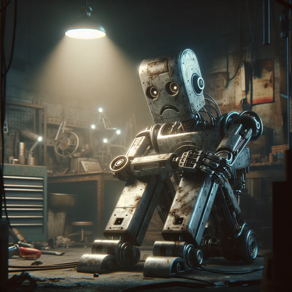 A broken robot with a sad expression sitting in a dimly lit room, symbolizing inability to complete a request.