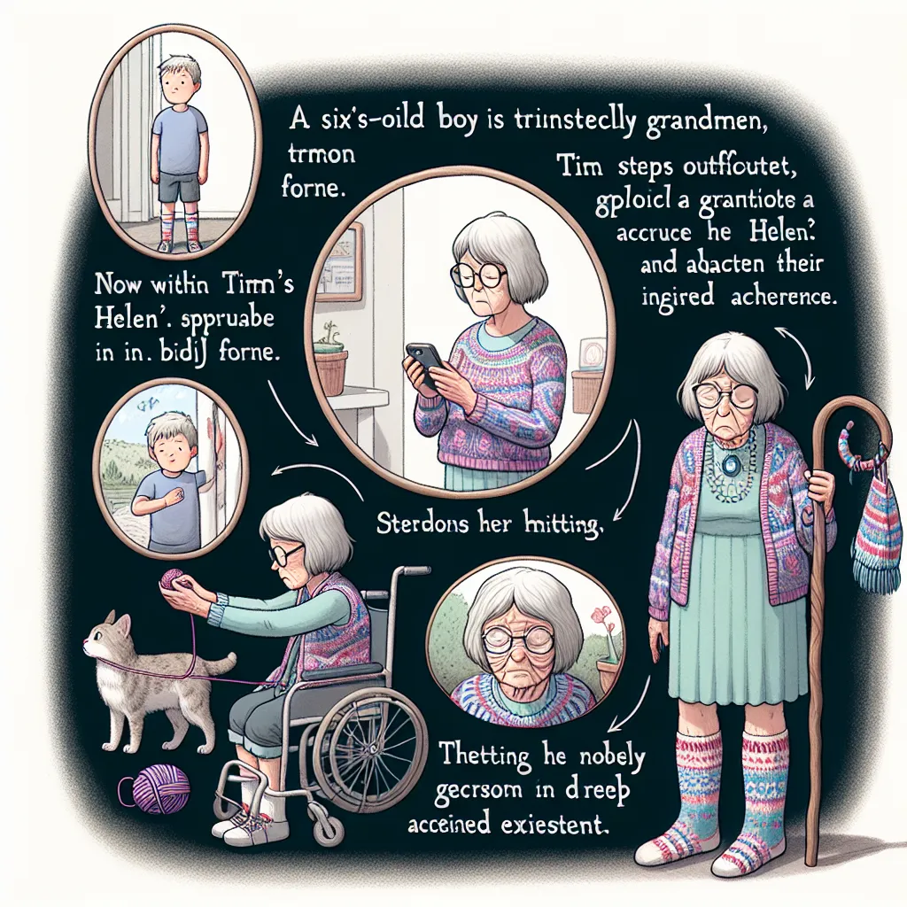 Tim, a six-year-old boy, is transformed into his grandmother, Helen, through a mysterious set of events. Helen, now in Tim's body, struggles to use a phone and navigate her new appearance. She puts on Helen's clothes and jewelry, admiring her new reflection. Confused, Helen goes outside, interacts with Tim's friends, and then retreats to her knitting. Contentment washes over her as she reflects on the circle of life.