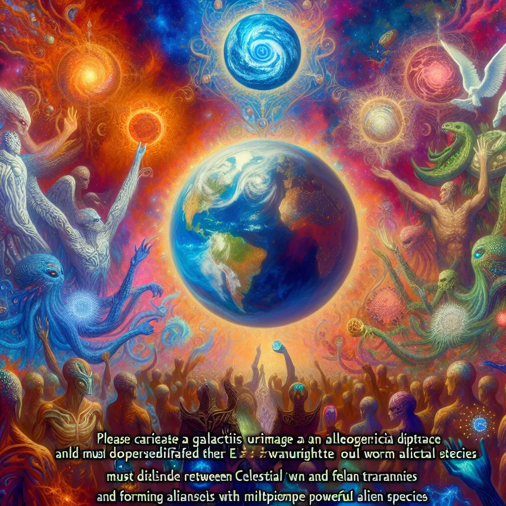A vibrant and detailed depiction of a galactic war unfolds as Earth must choose between celestial tyrannies and forming alliances with powerful mortal species.
