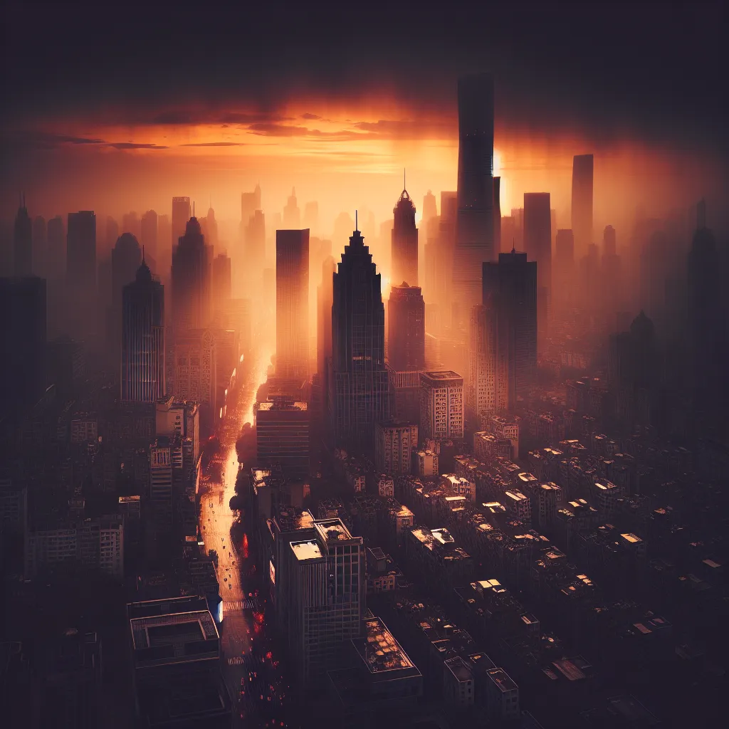 A gloomy cityscape bathed in the warm hues of a setting sun, with towering skyscrapers casting long shadows over the bustling streets below. The image evokes a sense of urban isolation and melancholy.