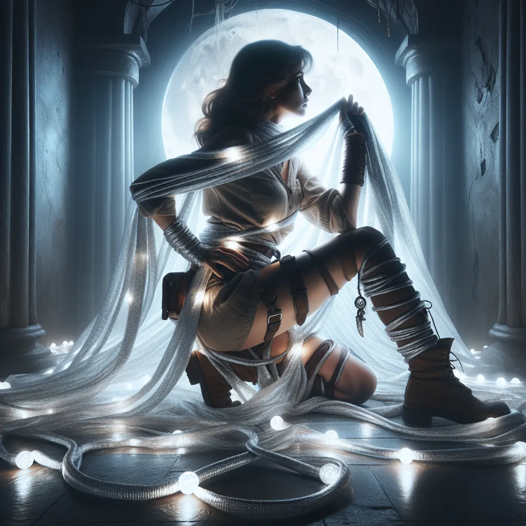 A fantasy image featuring Lara Croft bound in magical, glowing silk-like bindings. The room is dimly lit with a silver moonlight, casting eerie shadows on the floor.