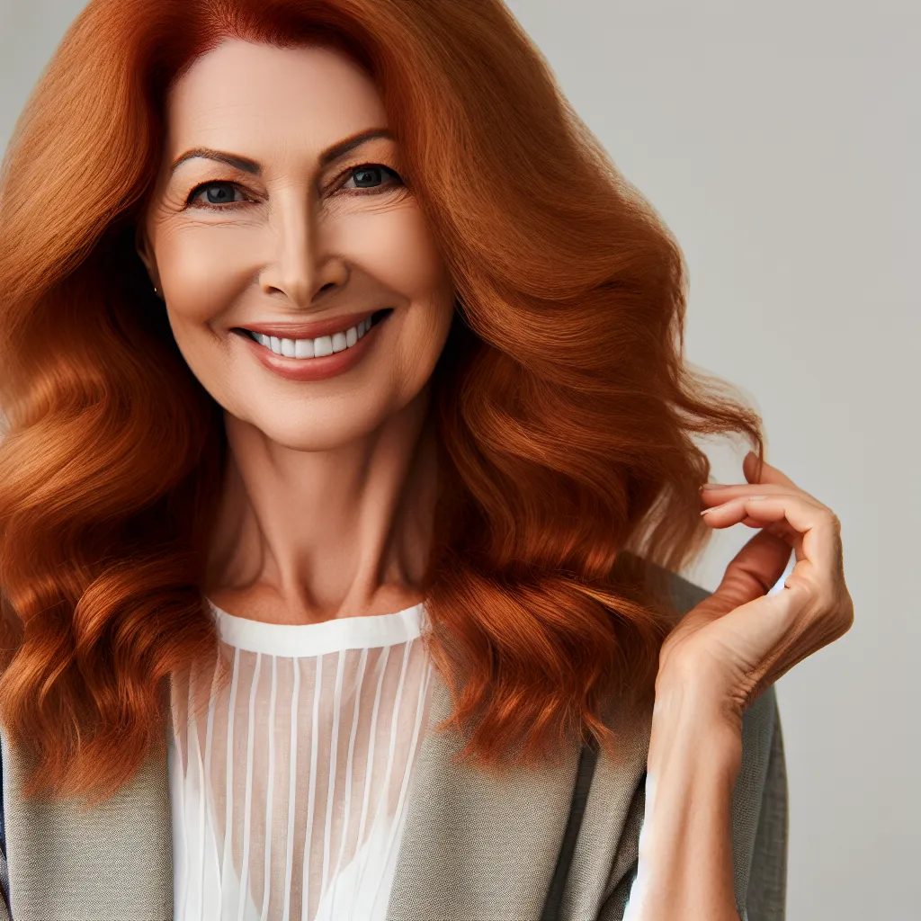 The image accompanying this story could be a depiction of a happy, confident woman in her 60s, embracing her new identity as Nancy. She could be shown with a warm smile, styled in shoulder-length wavy red hair, wearing a fashionable outfit that reflects her self-assured nature. The image should capture the essence of contentment and happiness that Nancy has found in her transformed life.