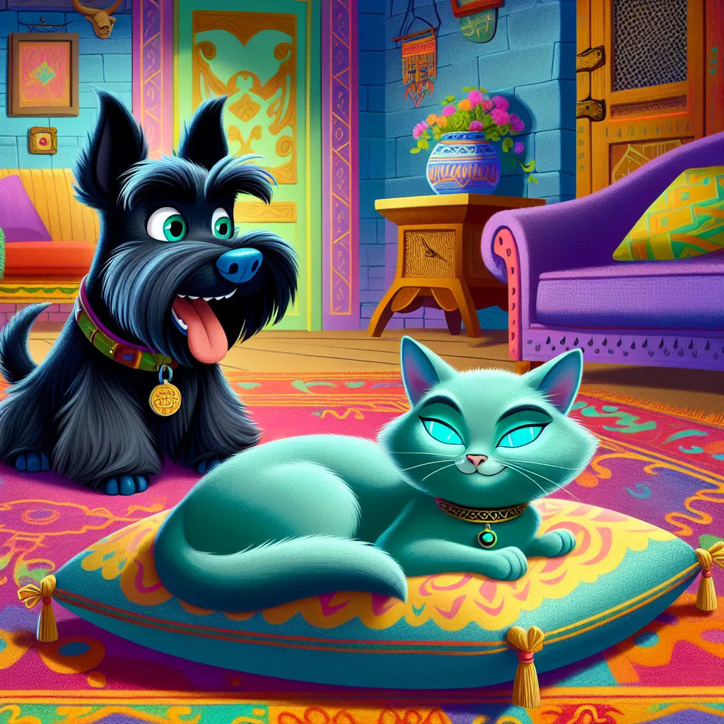 An animated scene depicting Roxie, a hyper Scottish terrier, disrupting Jade, a mellow turquoise cat's naptime with various antics, leading Jade to use hypnosis to make Roxie freeze on command. As the plan spirals out of control, Jade learns a lesson about communication and the importance of mutual respect in shared living spaces.