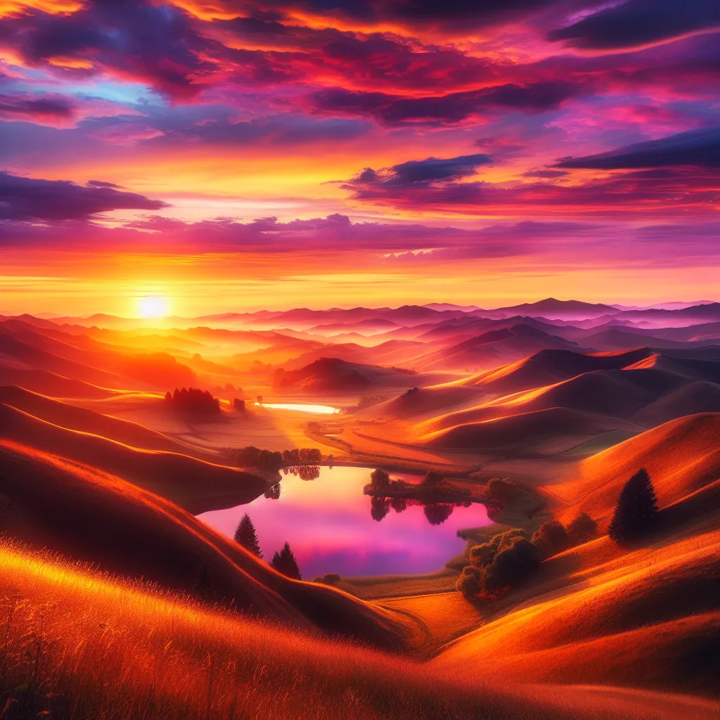 A stunning sunset over rolling hills and a serene lake, reflecting vibrant hues of orange, pink, and purple.