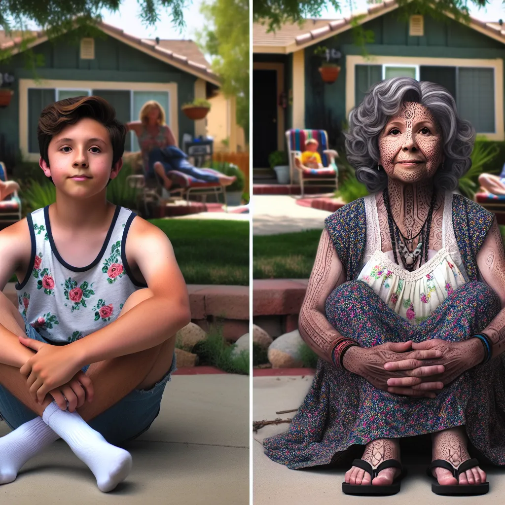 In a peaceful suburban neighborhood, young Ethan's body transforms into that of his friend's mother, Yolanda, embodying her Mexican heritage and daily life. As the changes take hold, Ethan grapples with his new identity, ultimately embracing his role as a loving matriarch. The story culminates in Yolanda's peaceful acceptance of her new reality, filled with familial love and purpose. The image captures a serene moment of Yolanda in her flowered tank top and favorite flip flops, embodying the str
