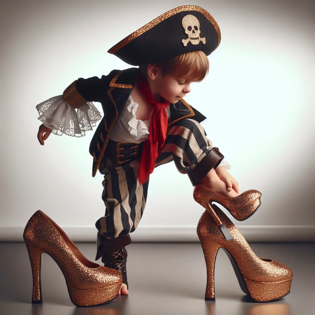 In the image, a young boy dressed as a pirate is trying on a pair of golden high-heeled shoes.