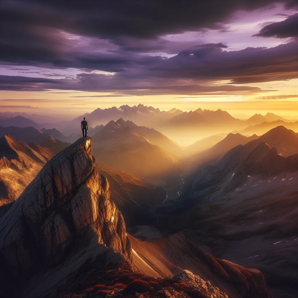 A lone hiker stands at the edge of a breathtaking mountain peak, overlooking a vast and serene valley below. The sky is painted with hues of gold and purple as the sun sets, casting a warm glow over the landscape.