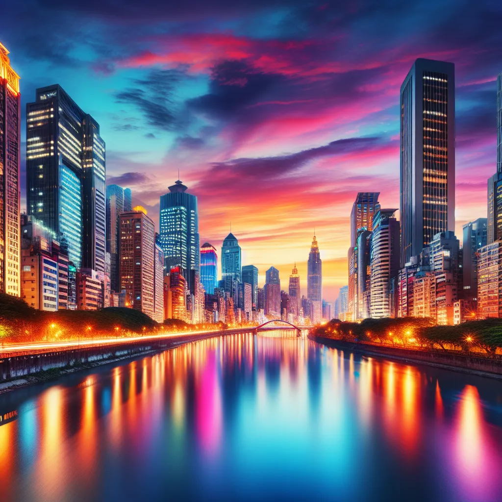 A vibrant cityscape at dusk, with tall skyscrapers reaching up a colorful evening sky, reflecting their lights onto a smooth river below.
