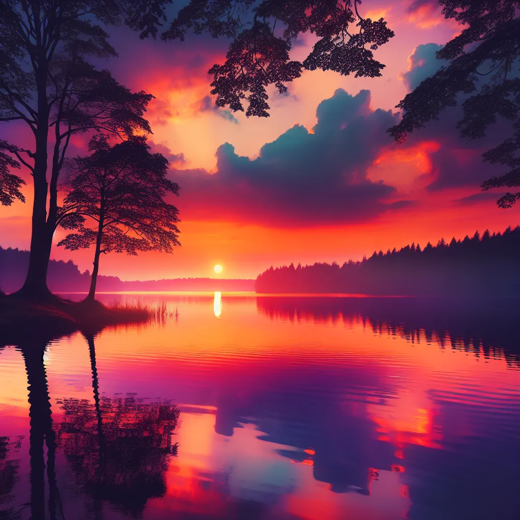 A serene sunset over a peaceful lake, with vibrant hues reflecting in the still water and silhouettes of trees on the distant shore.