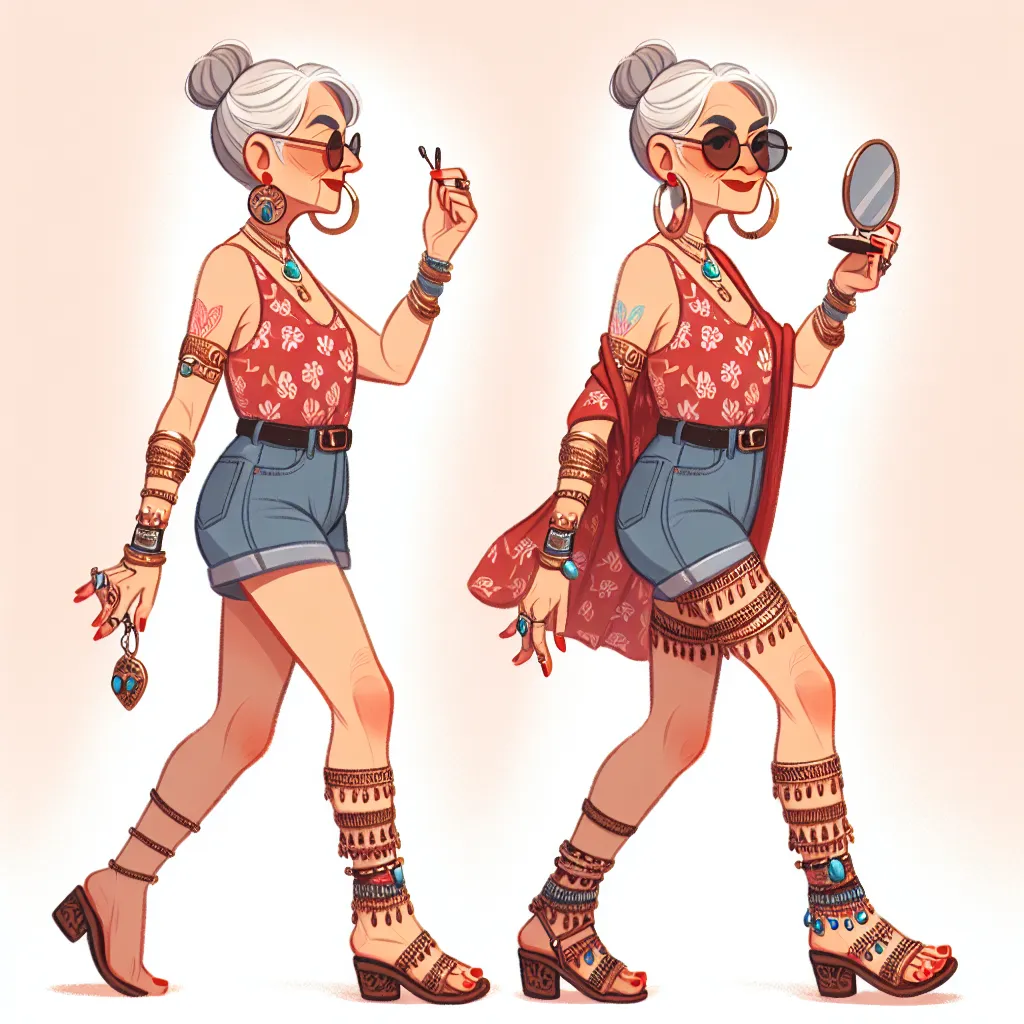 The image accompanying this story depicts a woman named Maria, who has transformed from a boy named Jake. Maria is 65 years old, with grey hair styled in a bun, wearing a red tank top with white floral patterns and denim shorts. She has on feminine, Mexican-style sandals with intricate patterns and colorful embroidery, as well as sunglasses with large, round frames and dark lenses. Maria is adorned with gold hoop earrings, a simple gold necklace, a gold bracelet, a wedding ring, a silver anklet,