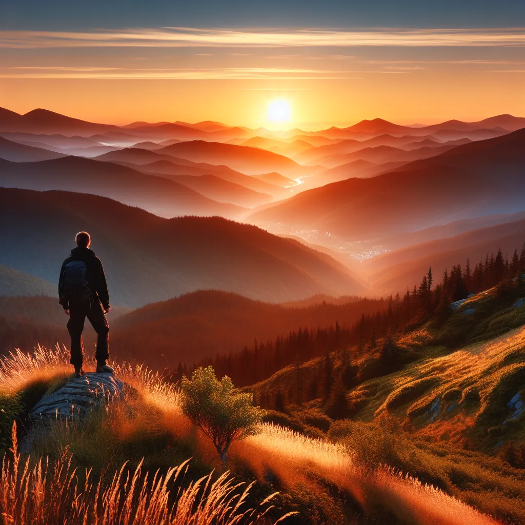 Sure, let's work on a condensed and coherent version of the prompt. Here's a concise description for the image:

"A lone person standing on a mountaintop, admiring a breathtaking sunset over a serene landscape."