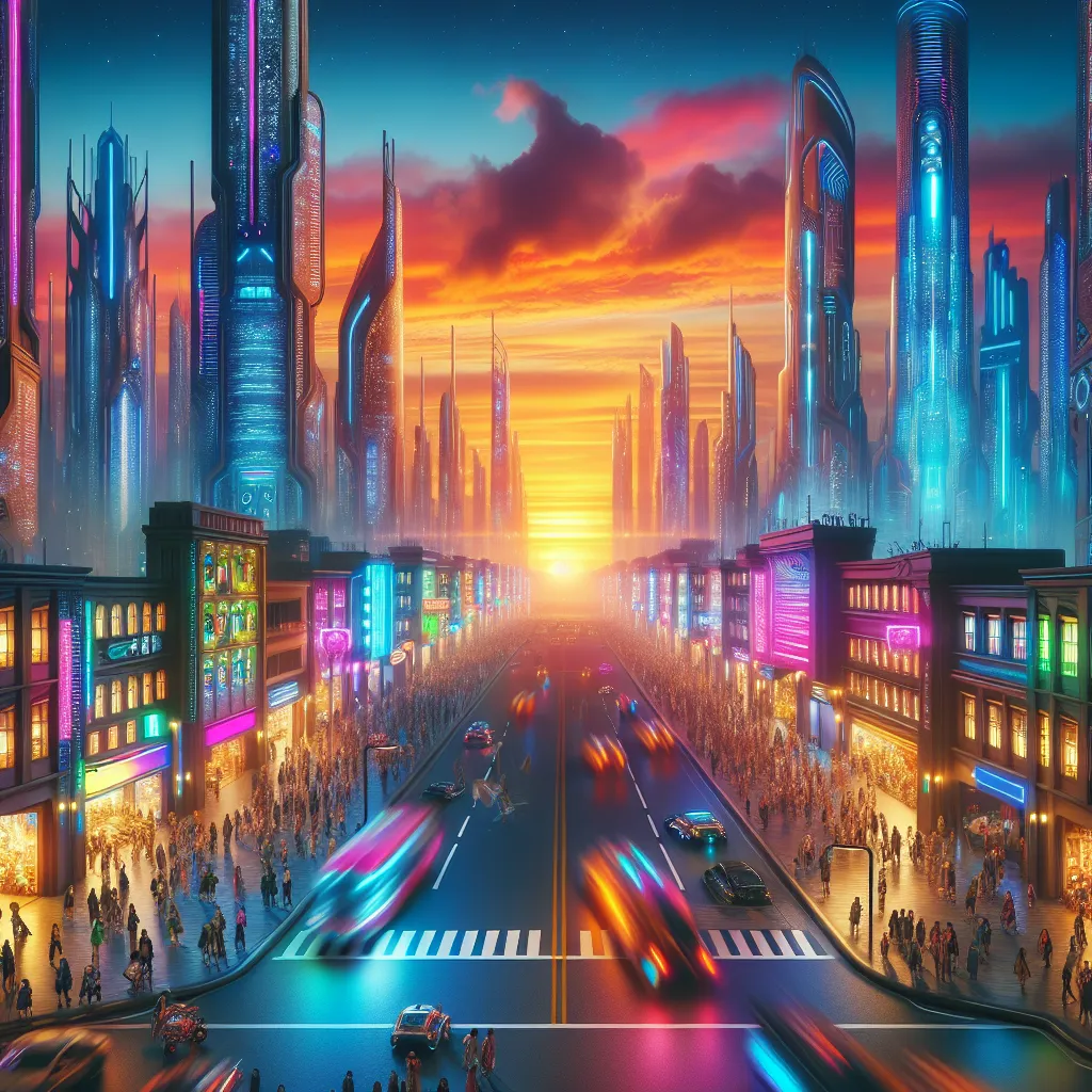 A vibrant and surreal cityscape at dusk, with futuristic buildings towering over a bustling street filled with people and futuristic vehicles. The scene is illuminated by colorful neon lights and a magnificent sunset.