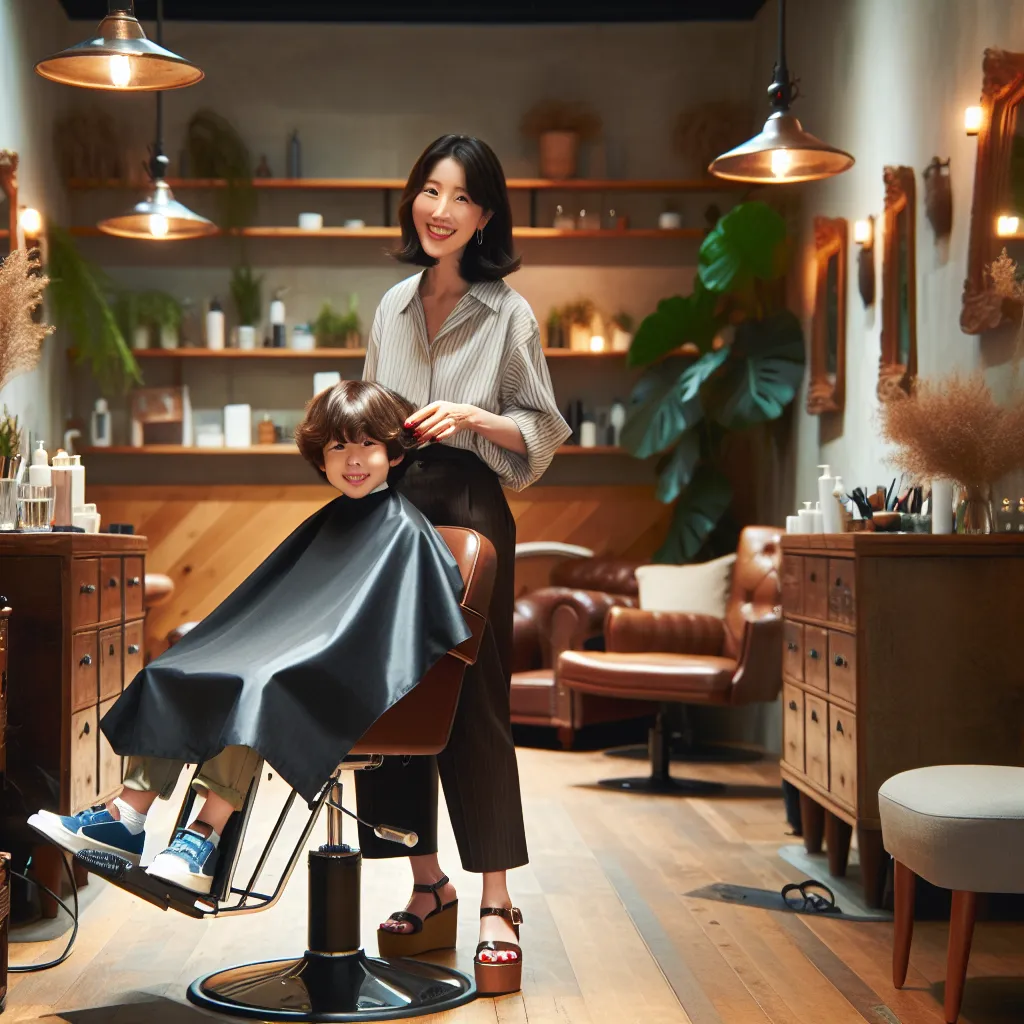 A scene in a cozy hair salon featuring Joo-hee Kim, a cheerful Korean stylist with platform sandals and red nail polish, as she gets ready to give a haircut to a young child named Oliver.