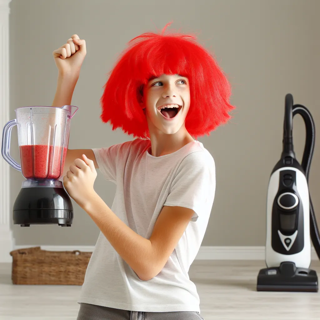 The generated image can depict a young person wearing a redheaded wig, holding a blender and dancing, with a vacuum cleaner in the background.