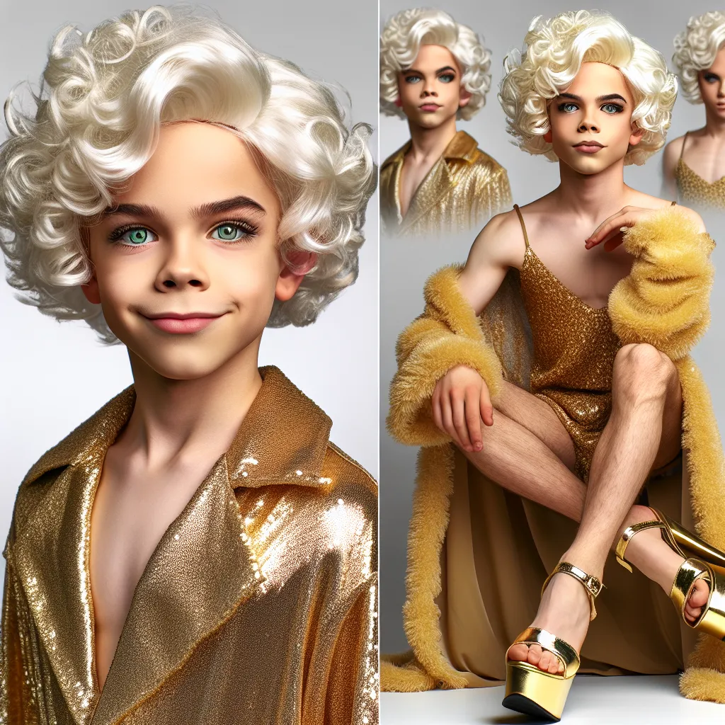 An image of a young boy, Nathan, transformed into a confident drag queen named Carly, strutting in a glamorous gold mini-dress and platinum blonde curls, with green eyes and red manicured nails, wearing platform sandals. Carly is pictured posing with a sultry smile, capturing her newfound confidence and embracing her true identity.