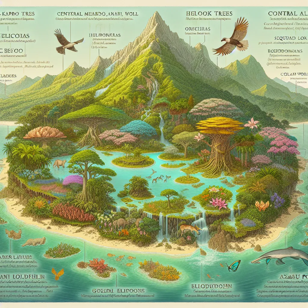 The image accompanying this story should depict the Isle of Elysia, a man-made island in the Pacific Ocean created to seamlessly combine temperate and tropical landscapes. The image should showcase the diverse habitats of the island, including rainforests, meadows, beaches, lakes, and coral reefs. It should also feature the island's central mountain range, waterfalls, rivers, lagoons, and pristine coastal waters. The image should showcase a wide variety of flora, including kapok trees, heliconia