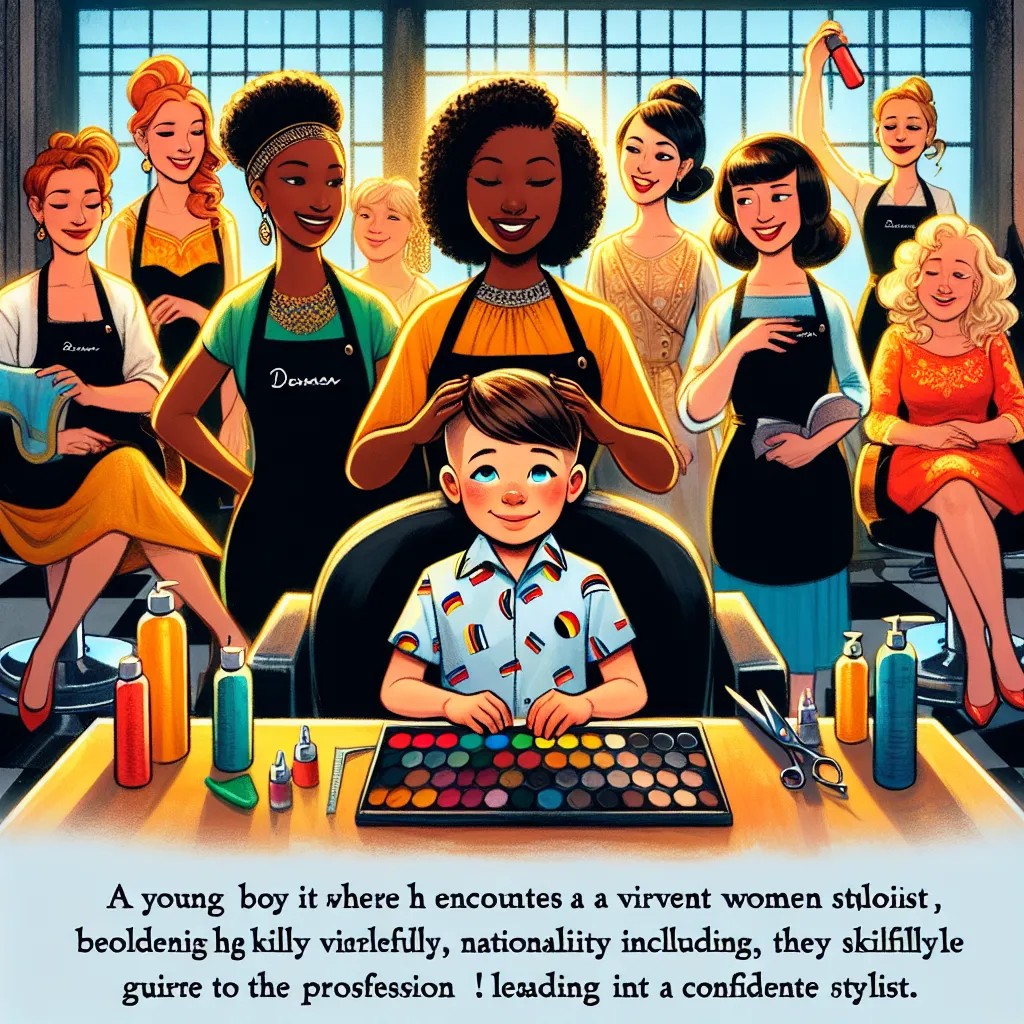 A young boy named Oliver at a salon encounters a group of vibrant German women who transform him into one of them, Helga, a skilled and confident stylist. Oliver's essence seamlessly merges with Helga's, as his innocence and curiosity fade away, leaving a legacy of warmth and creativity. The narrative unfolds a rich tapestry of new beginnings, shared camaraderie, and heartfelt interactions within the salon's vibrant atmosphere.